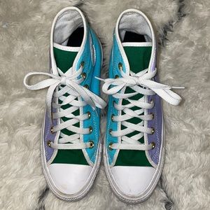 purple, blue, and green converse all star high top shoes with “kj” on the back!!